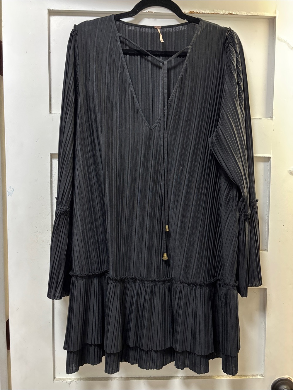 Free People Black Pleated Tiered V-Neck Dress